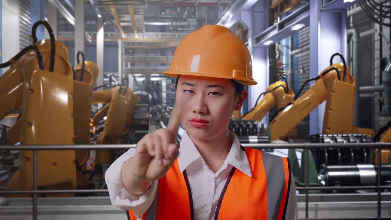 Close Up Of Asian Female Engineer With Safety Helmet Disapproving With No Index Finger Sign While Standing With Industrial Robotic Arms Working