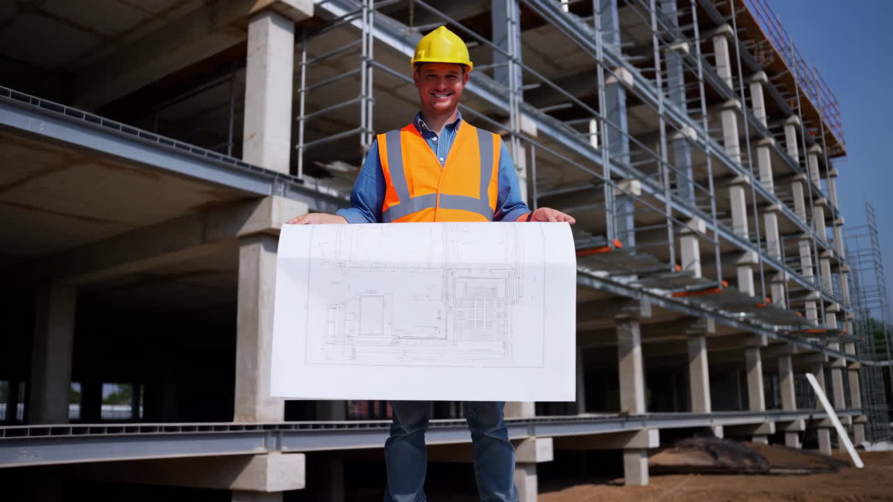 Construction worker reviewing blueprints on a building site