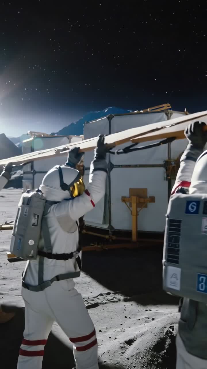 Video verticale: Sollevamento di una trave, astronauti con fasce rosse che allineano pannelli per il montaggio su una base lunare