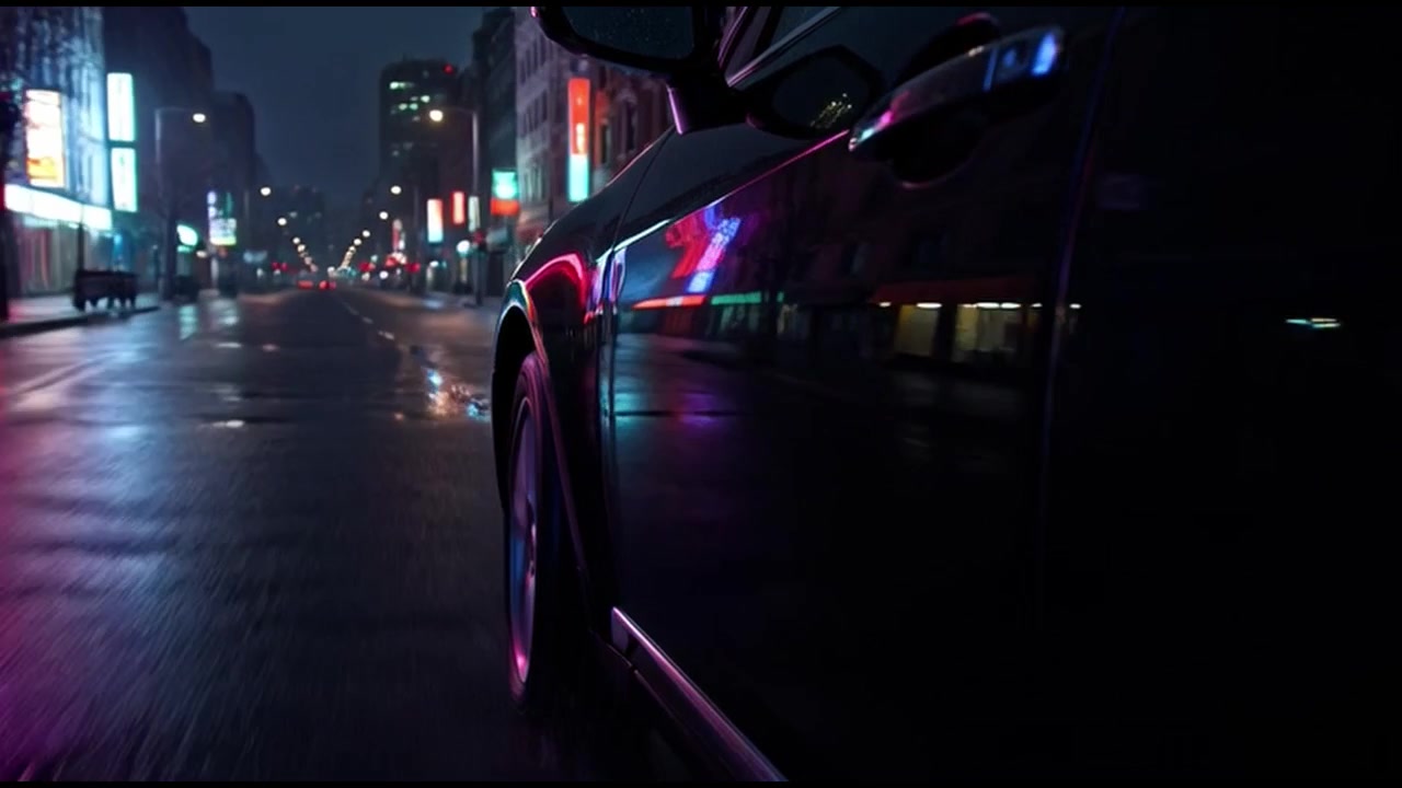 Auto che attraversa le strade della città di notte con riflessi al neon