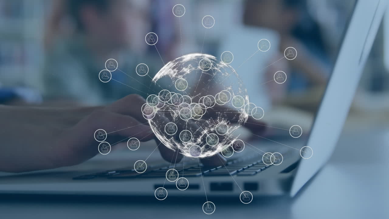 animación de la red de conexiones en todo el mundo y estudiante caucásico usando computadora