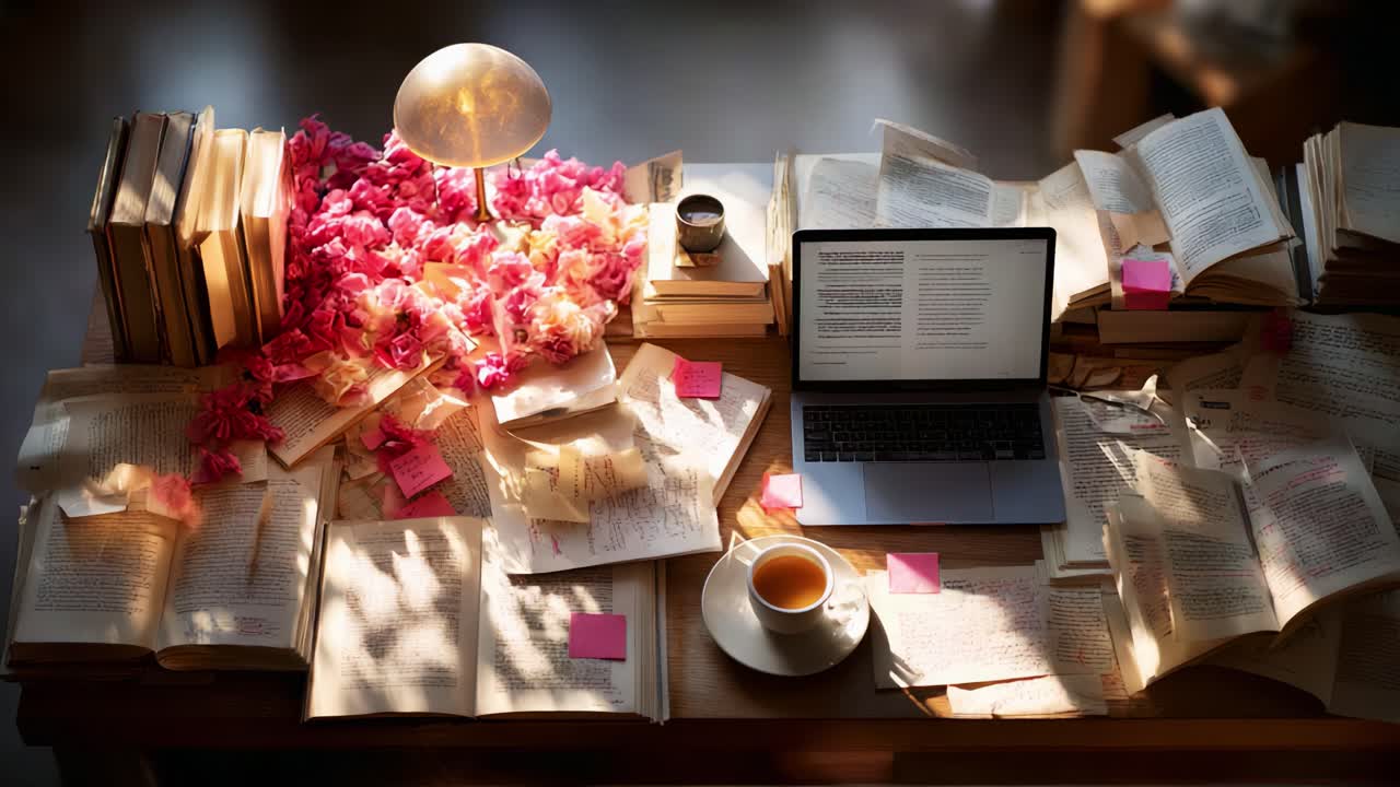 Uno spazio di lavoro accogliente pieno di libri, appunti e una tazza di caffè, che unisce studio, creatività e un tocco di natura attraverso petali e illuminazione soffusa