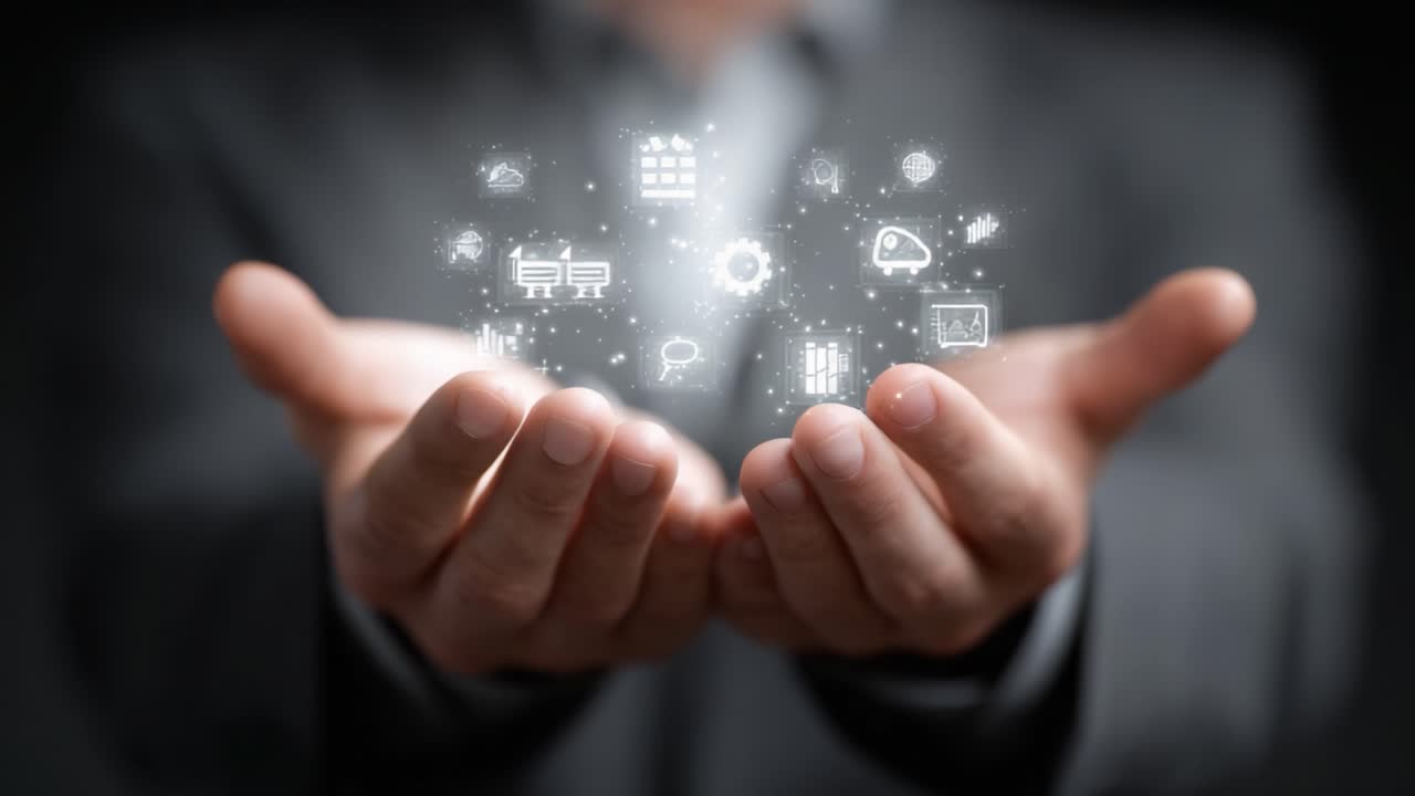 Concetto di innovazione e trasformazione digitale: mani che reggono icone futuristiche che rappresentano dati, tecnologia e strumenti di comunicazione per la crescita e lo sviluppo del business