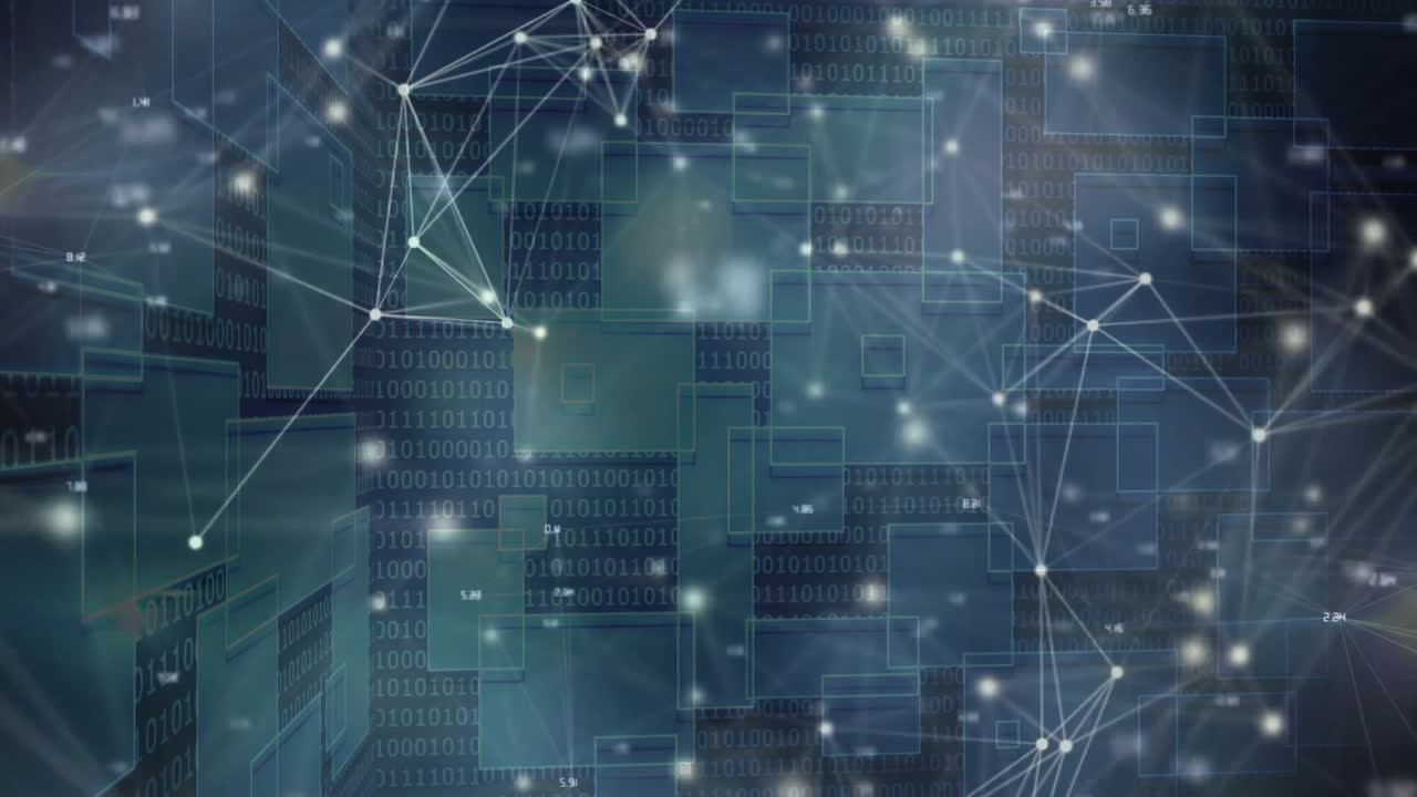 As panels receding driving network pulsing and expanding, specks appearing for data visualization