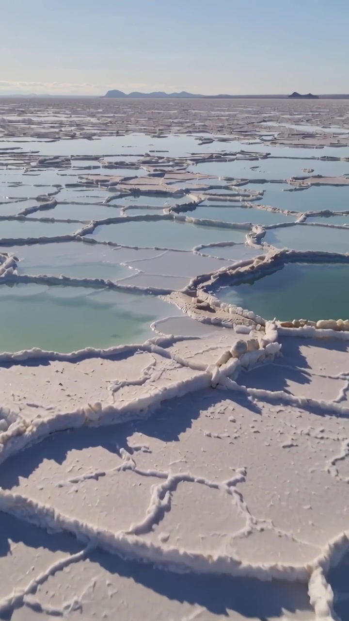 Vertikal video: Tiltende drone viser salt skorper og blå saltlakebassenger over saltslette, som avslører kanter