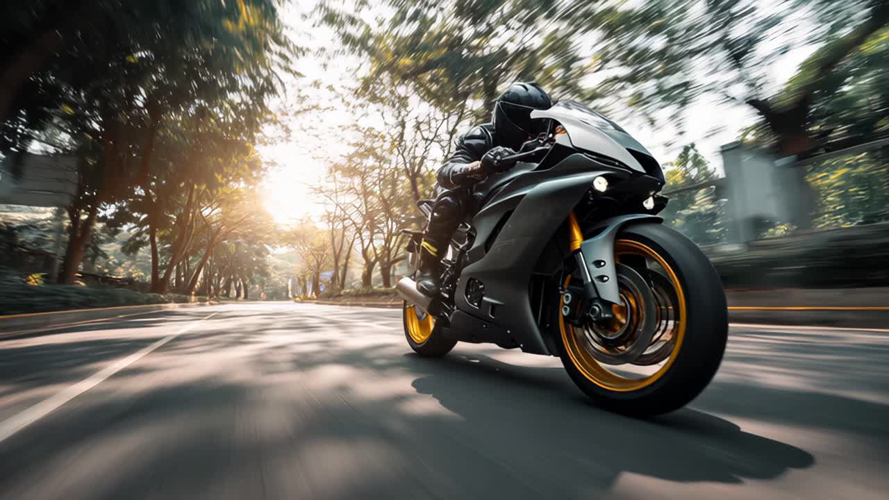 Motorcyclist cruising down rural road in black leather jacket and helmet