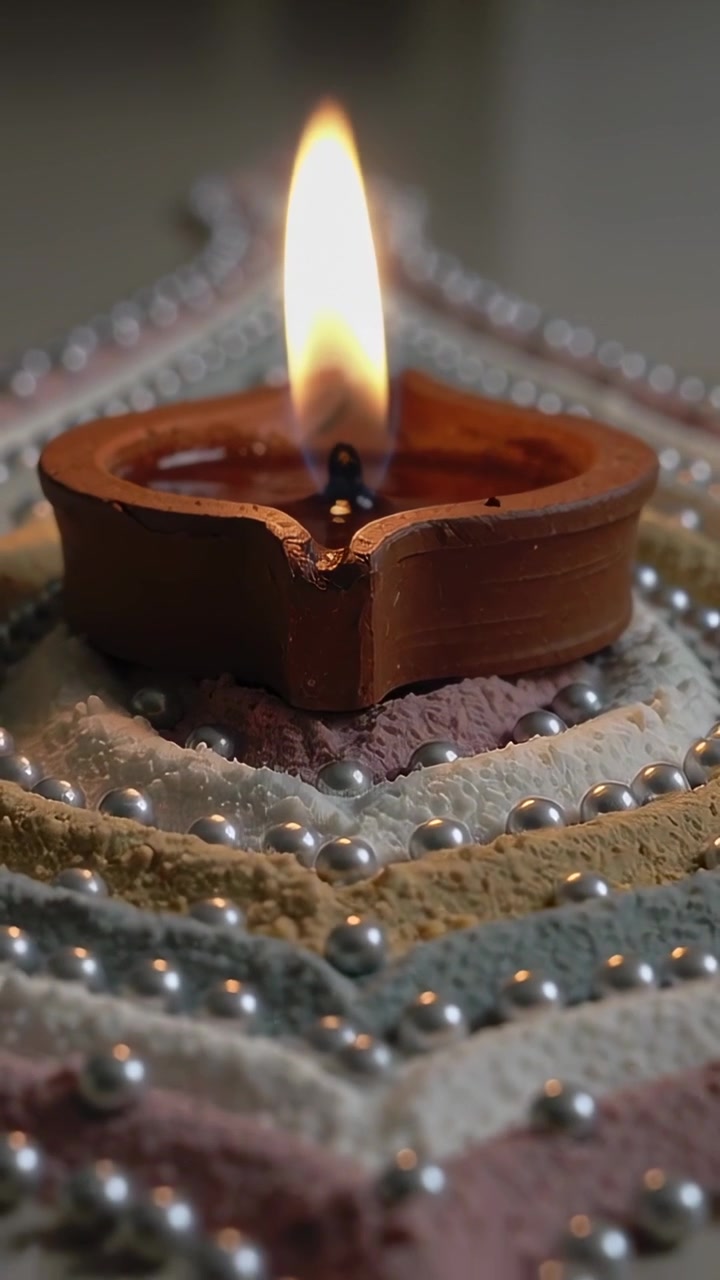 Vertical video: Wick catching flame, diya showing sooty wick and oil pool with beads for ritual