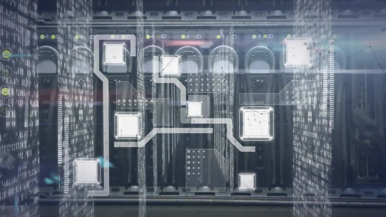animación de la placa de circuitos informáticos y procesamiento de datos a través del servidor.