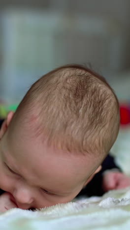 baby playing lying on a blanket. playful child laying on a bed. vertical video