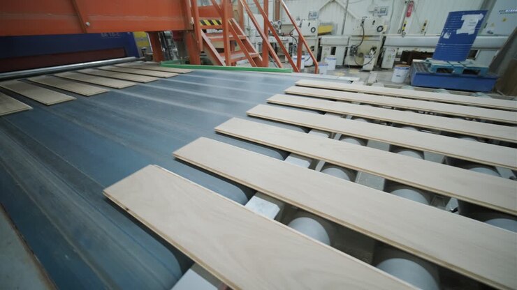 Tavole di legno che si muovono su un nastro trasportatore in una fabbrica