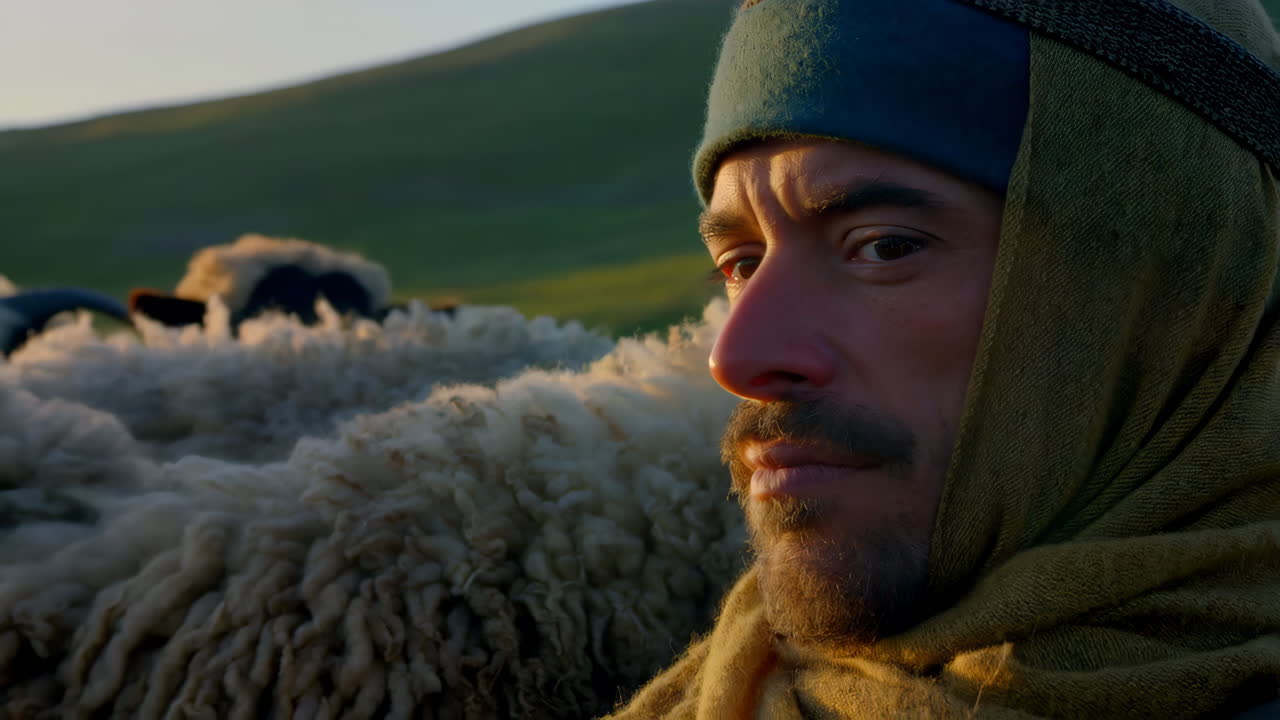 Close-up of a shepherd with his sheep at sunset