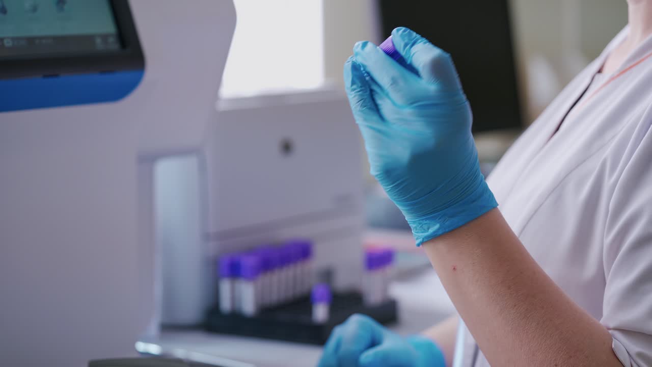 Close up of hands holding tube. Doctor holding vacuum blood collection tube with blood sample