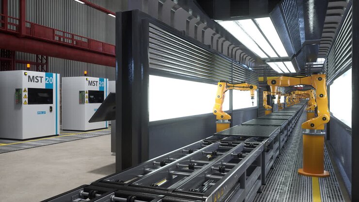 Robot arms working on assembly line in factory next to computerized machines