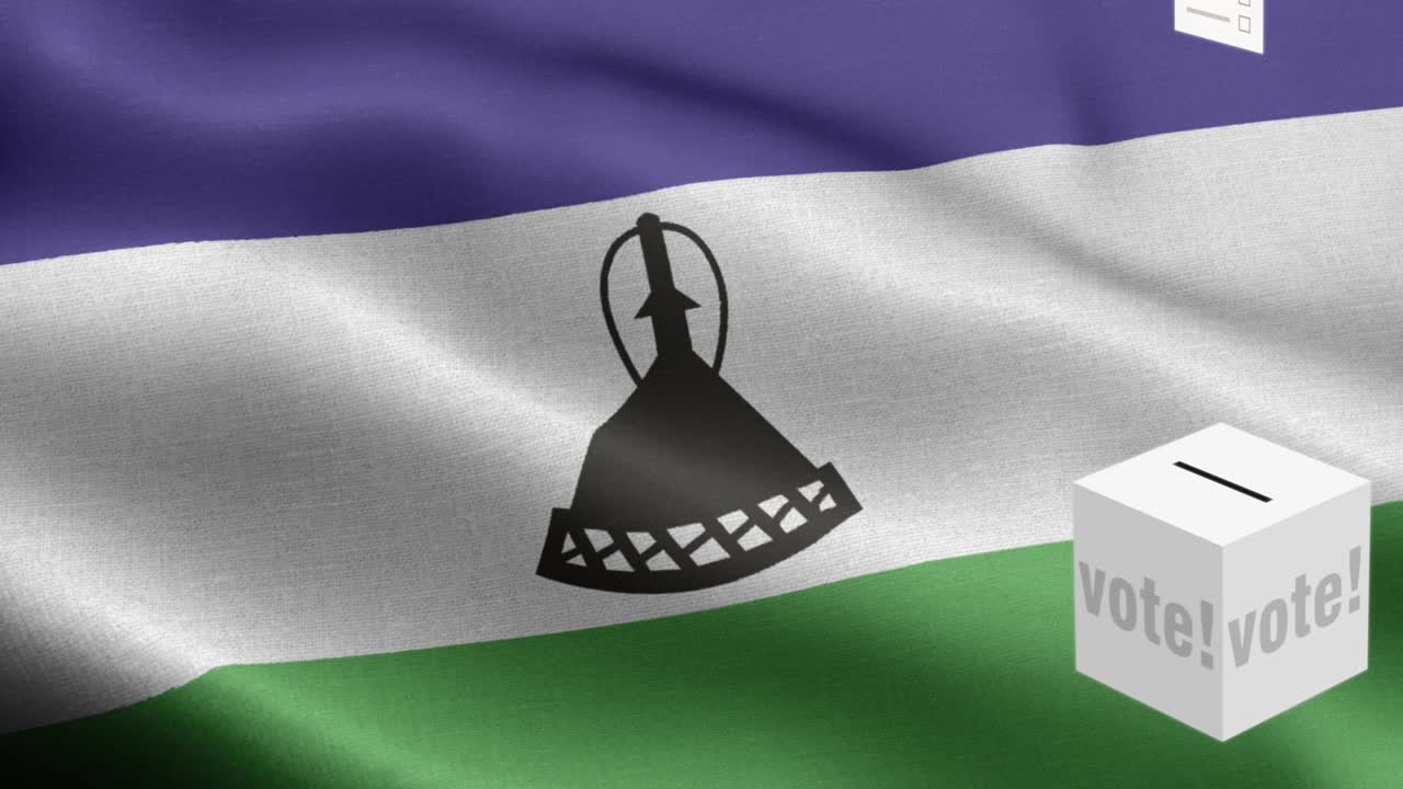 las papeletas de votación vuelan a la caja para la selección de lesotho - caja de votación frente a la bandera - elección - voto - bandera de lesoto - bandera de losotho alto detalle - bandera nacional de lesotho patrón de ondas elementos loopables - textura de tela y bucle sin fin