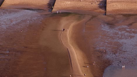 people walking on a serene whitstable beach at sunset in kent, uk