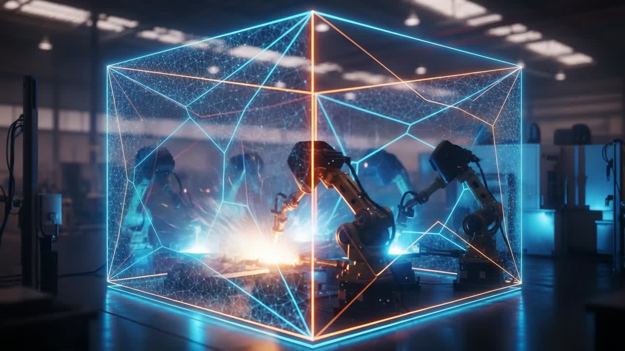 A futuristic scene showcasing advanced robotic arms operating within a holographic cube, demonstrating automation and precision in a high-tech industrial environment, illuminated by vibrant blue and orange lights