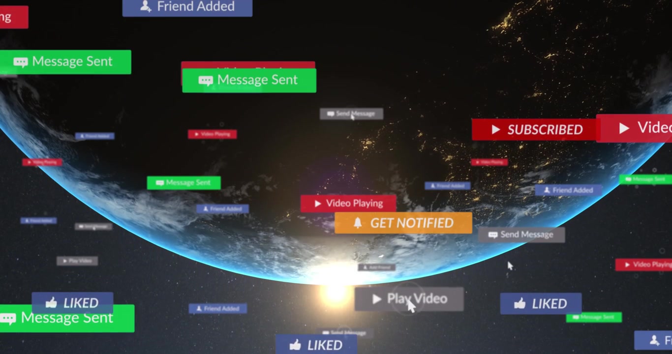 Animazione di notifiche colorate dei social media che elaborano dati sopra un globo nel cielo notturno.