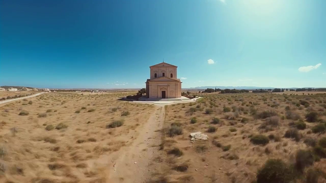 Drone in fase di lancio che si muove lungo una strada sterrata verso un edificio in pietra su una pianura arida, rivelando una base pavimentata.