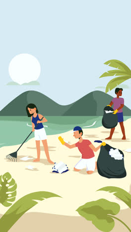 una animación de una gente limpiando el concepto de ilustración de la playa