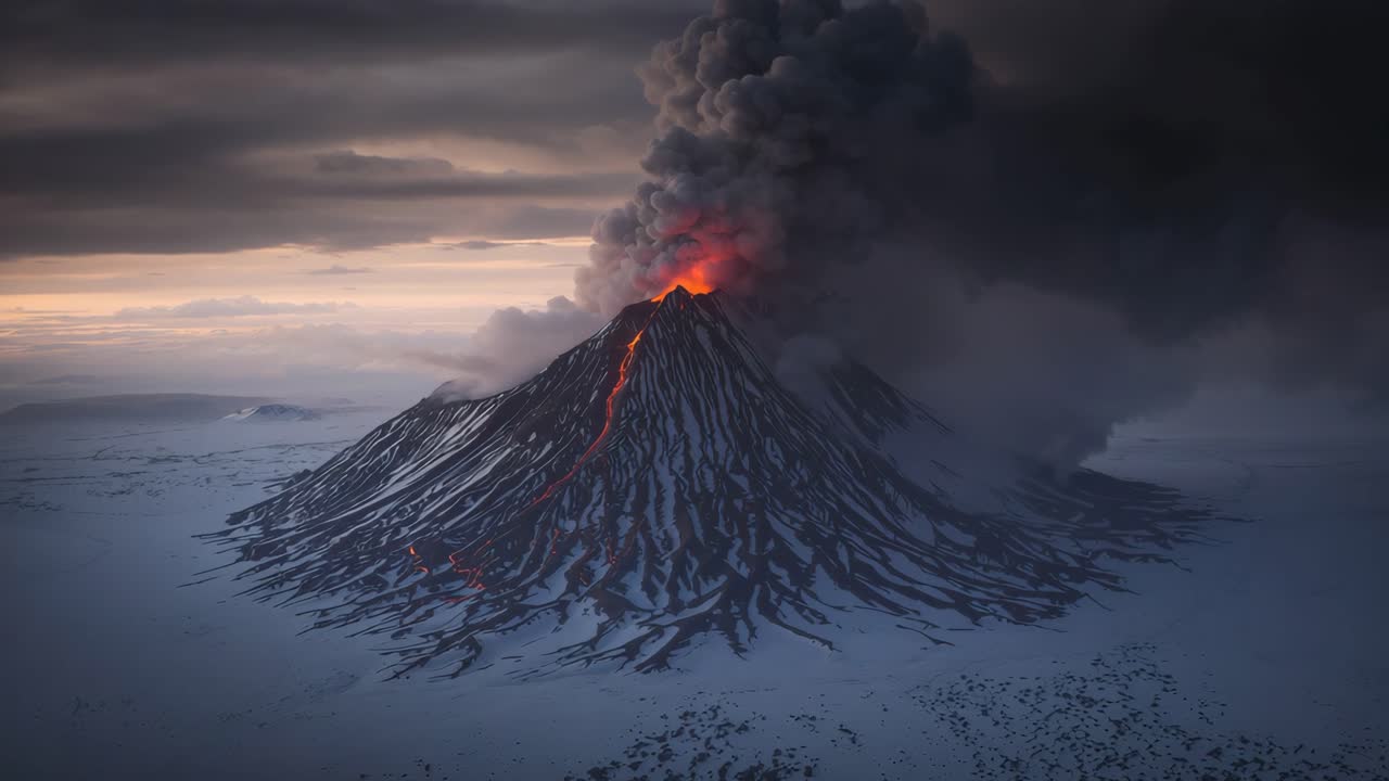 Volcanic Eruption in Snowy Landscape