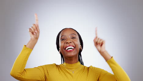 Dance,-hand-pointing-and-face-of-black-woman