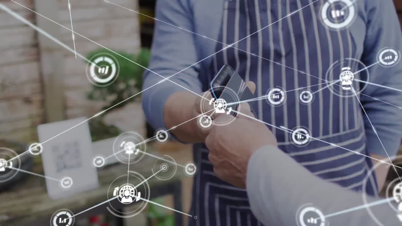 신용카드로 지불하는 백인 남성 위의 미디어 아이콘의 애니메이션