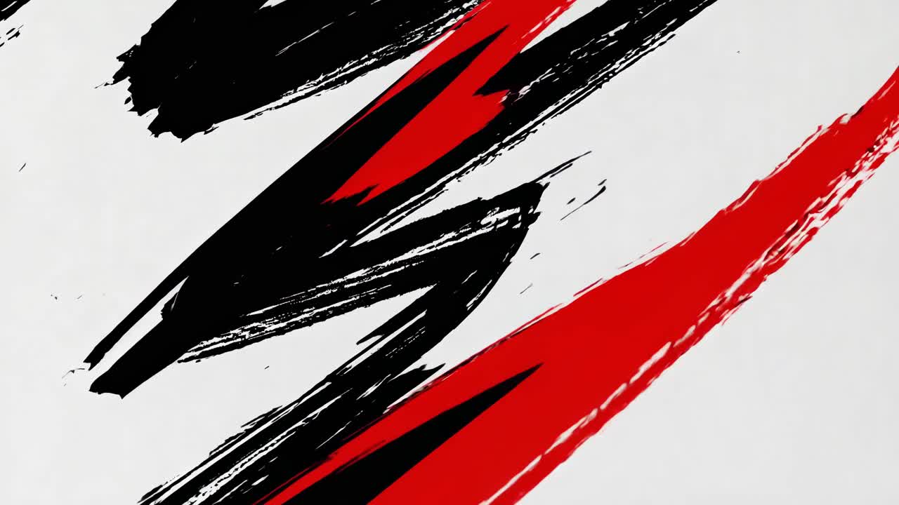 Dynamic abstract video concept with bold brush strokes in red, black, blue, and teal