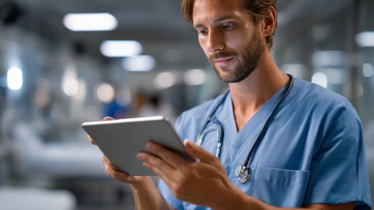Professionista sanitario impegnato con la tecnologia: Un membro del personale medico che utilizza un tablet in un moderno ambiente ospedaliero per migliorare l'assistenza ai pazienti e la comunicazione.