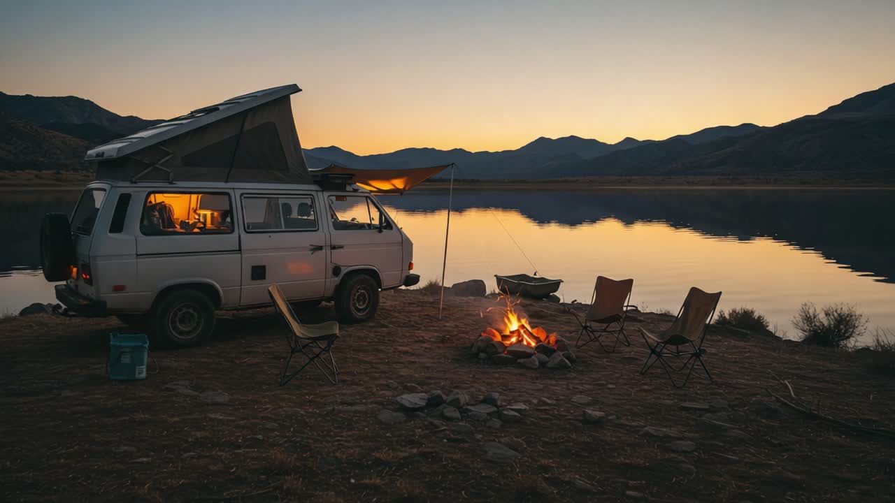 Tranquil Camping by the Lake: A Peaceful Evening with a Van, Campfire, and Stunning Reflections of Mountains in the Water