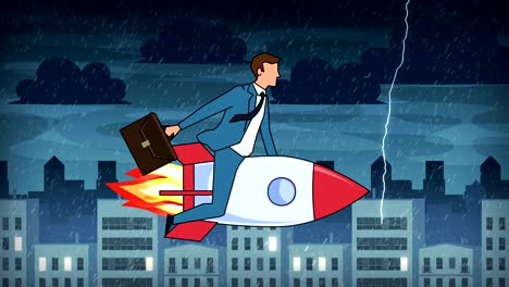 personaje de dibujos animados de hombre de negocios plano con bolsa de maletín volar en cohete animación de concepto de inicio