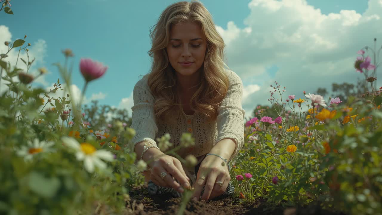 Kneeling woman wearing sweater, tending seedlings among wildflowers, steadying stems, bracelets