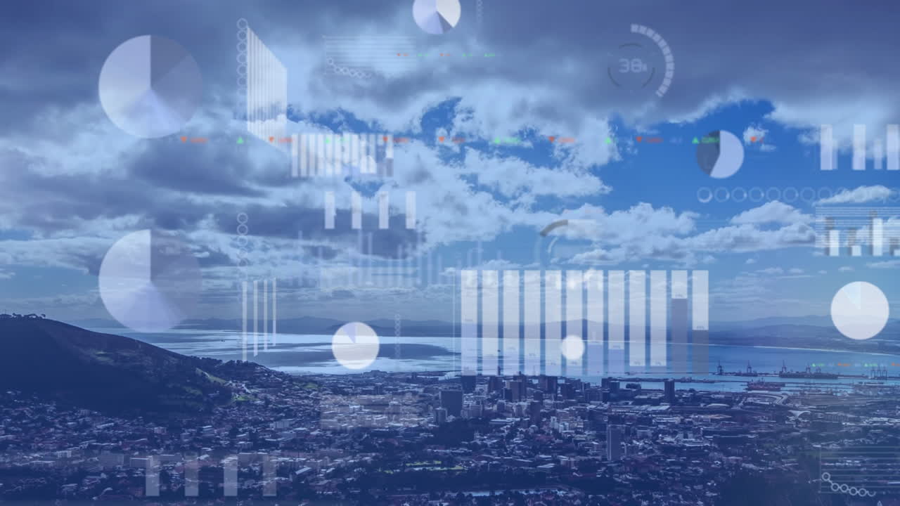 Animation of diverse data and graphs over cityscape