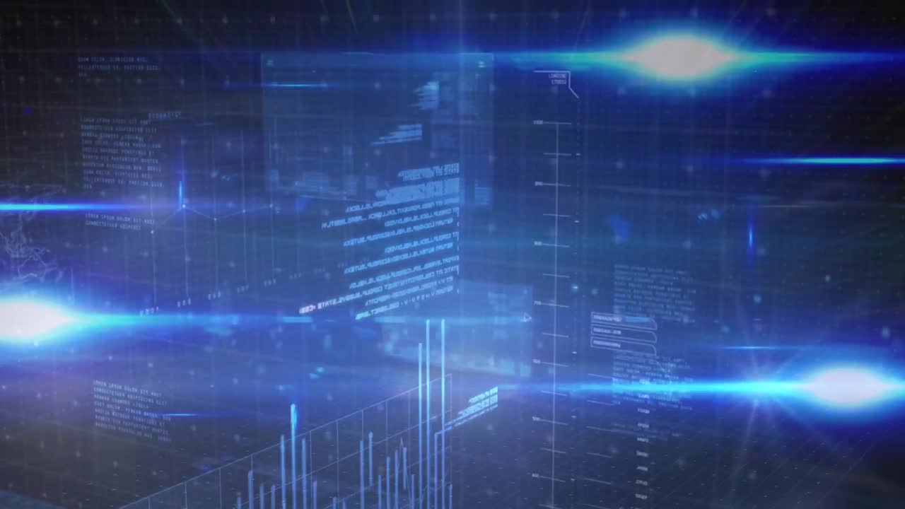 Animation of data processing and screens on blue background