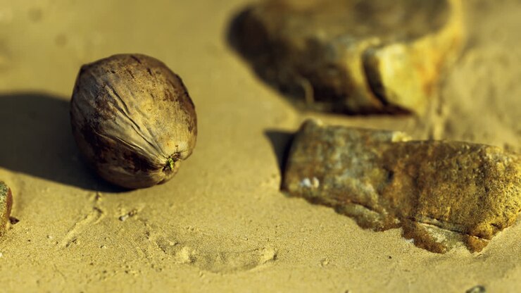 Natural objects resting on sandy surface with subtle textures and tones