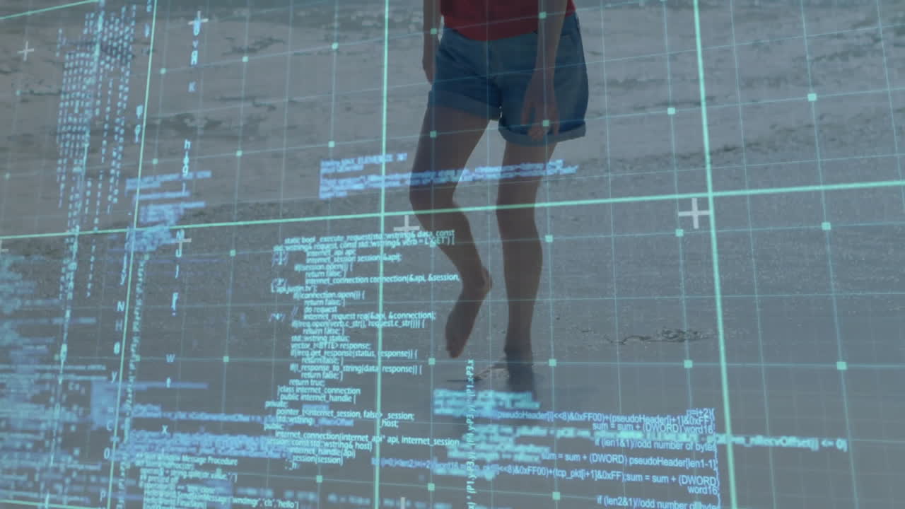 Person walking on beach overlaid with digital coding and grid animation