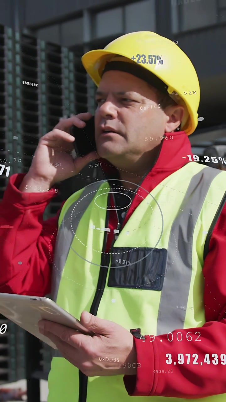 Vertical video: Worker taking call, checking tablet, scanning worksite while HUD showing metrics