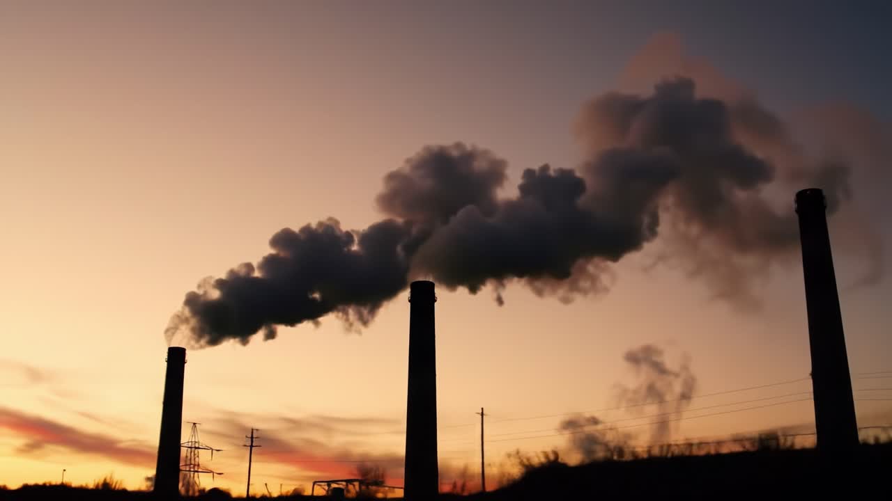 Silhouetted Chimneys Emitting Smoke Against a Colorful Sunset Sky: A Reminder of Industrial Impact on Nature and Air Quality