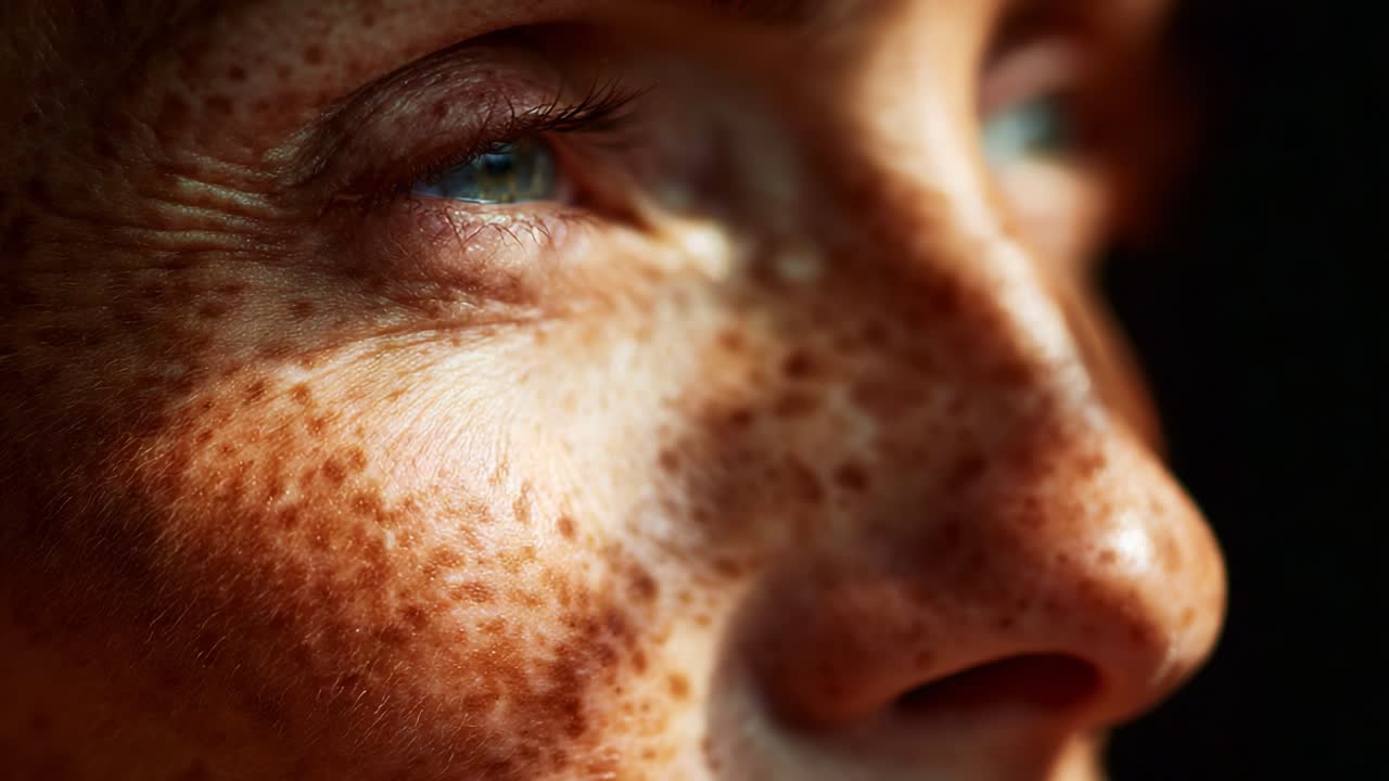 Captivating Close-Up of a Freckled Face Lit by Natural Light, Highlighting the Intricate Textures and Unique Features of Skin Under Soft Shadows and Warm Tones