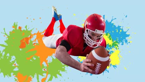 Animation-Eines-American-Football-Spielers-Mit-Ball-über-Bunten-Klecksen