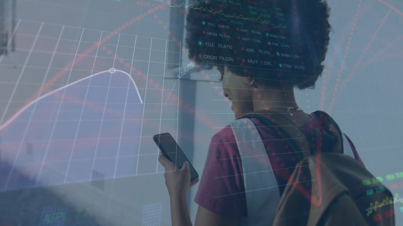 Animation of data processing over african american woman using smartphone