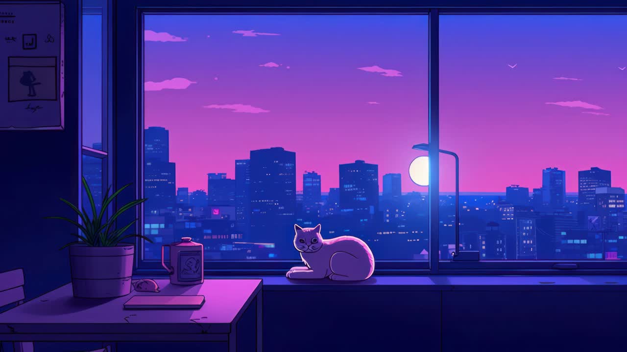 A video still of a cat on a windowsill overlooking a cityscape at dusk