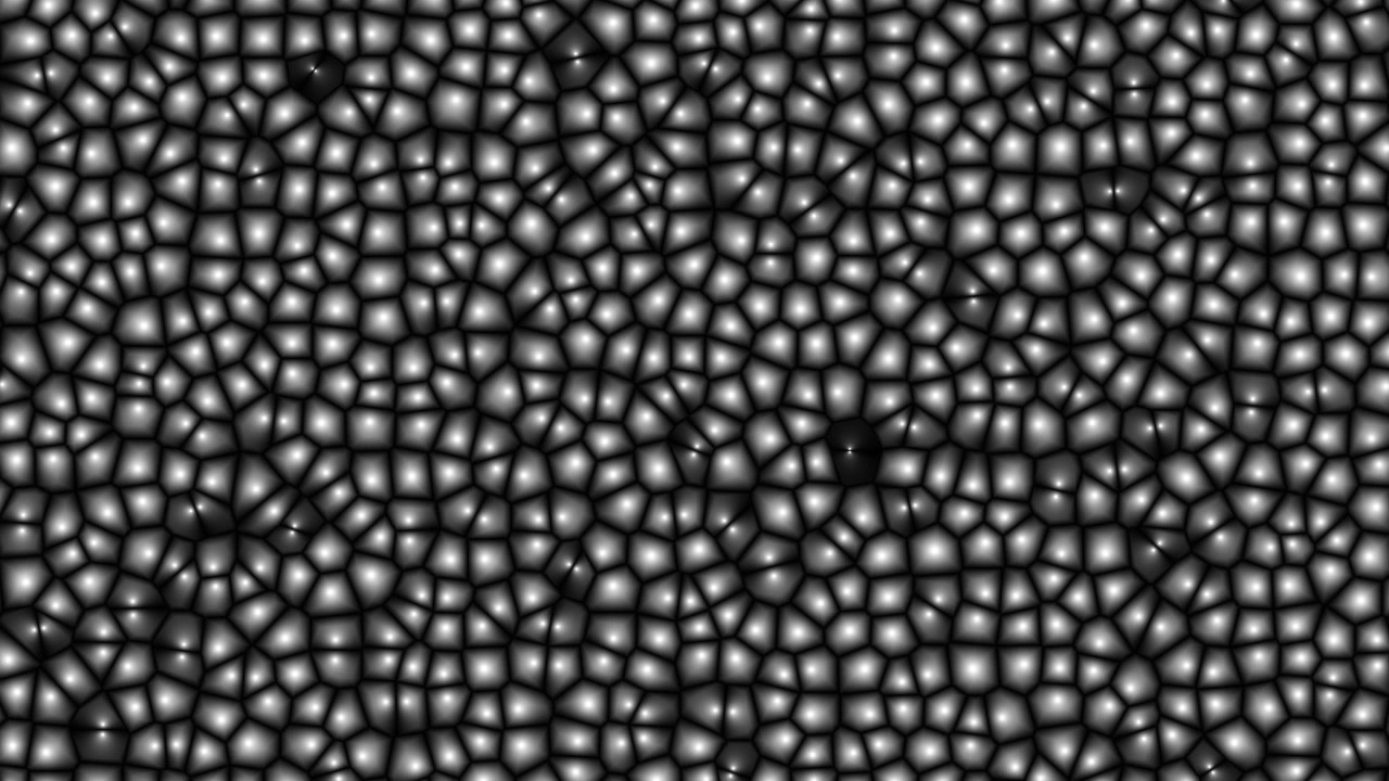 Disposizione ad alta densità di piccole celle di Voronoi luminose che si muovono con un movimento fluido organico, texture a ciclo continuo