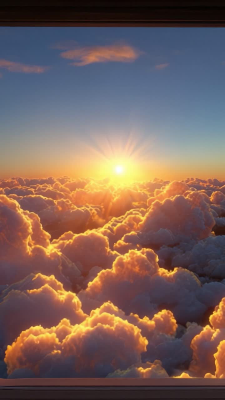 Una bellissima alba su nuvole vellutate catturata attraverso una finestra, che evidenzia la transizione mozzafiato della natura dalla notte al giorno con colori spettacolari