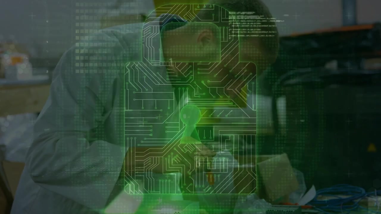 Animation of data processing over caucasian male scientist