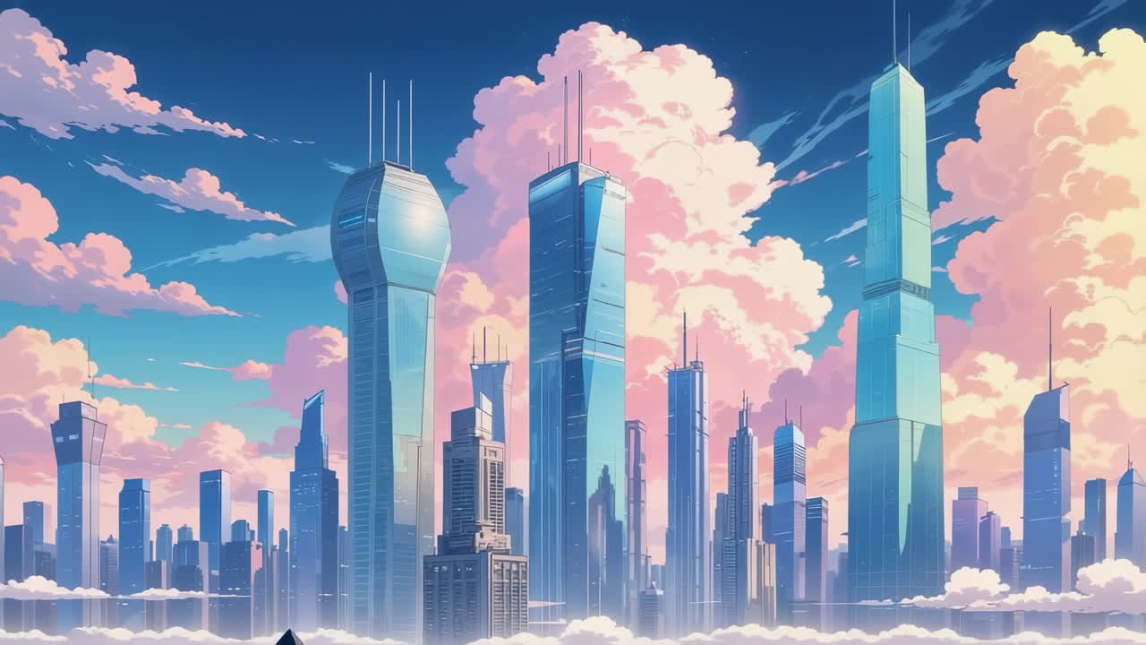 Futuristic Cityscape with Pink and Blue Clouds