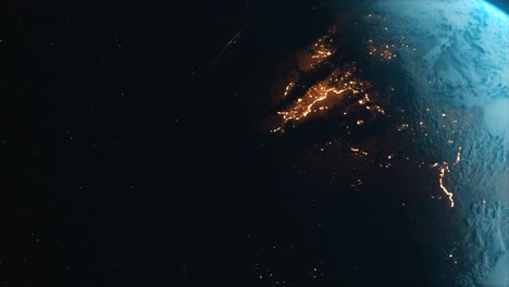 cinematic earth view from outer space, motion graphics video shows the earth rotating city lights revealing from the shadow side