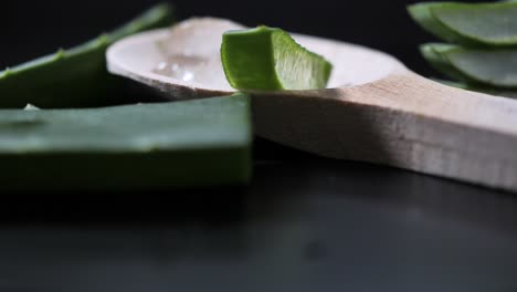 Fresh-Aloe-Vera-Sliced-on-the-black-background,-green-herb-concept-for-cosmetic-and-skincare-product-presentation,-round-smooth-motion