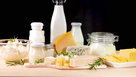 assorted dairy items arranged neatly on a table