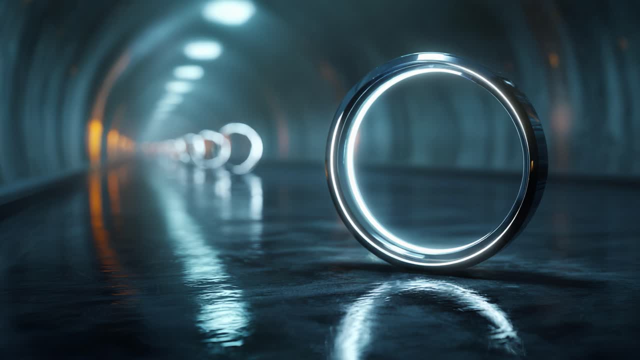 Futuristic metallic rings illuminated by soft lights in a tunnel, reflecting on the wet surface, creating a captivating sci-fi atmosphere in a sleek environment
