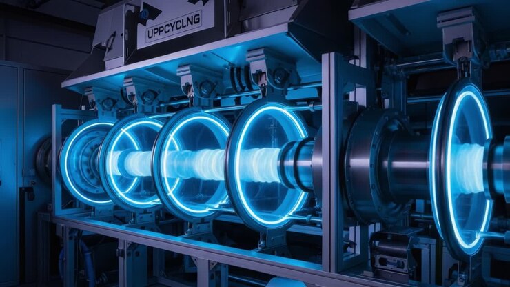 A Futuristic Upcycling Machine Featuring Advanced Technology, Bright Blue Neon Lighting, and a Series of Interconnected Cylinders for Innovative Material Transformation